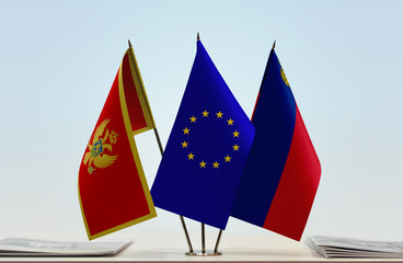 Flags of Montenegro European Union and Liechtenstein