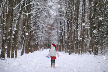 A winter fairy tale, a young mother and her daughter ride a sled