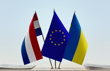 Flags of Netherlands European Union and Ukraine