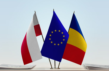 Fototapeta premium Flags of Poland European Union and Romania