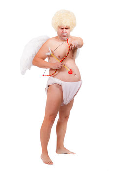 Fat Angel With Arrow Pointing Finger At You Isolated On White Background