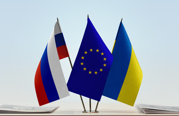 Flags of Russia European Union and Ukraine