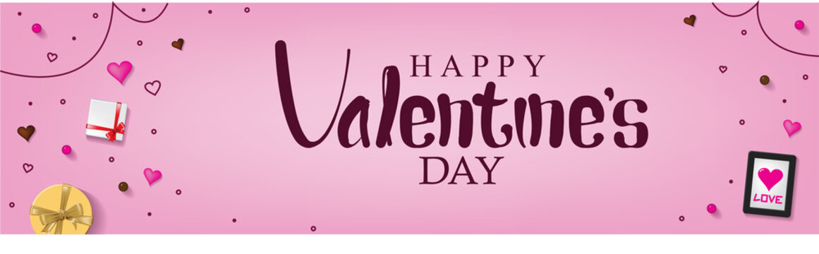 Happy Valentine's Day Banner. Giftboxs, Hearts, and Circles Decoration Background Vector Design