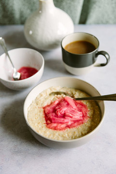 Breakfast of porridge with stewed rhubarb