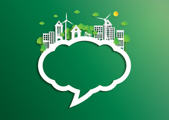 Nature landscape background of paper art style.Speech bubble of green eco friendly city and renewable energy of environment conservation concept.Vector illustration.