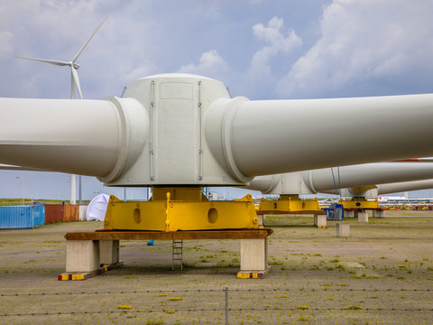 Giant rotors of wind turbine on assambly yard