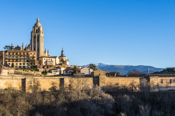 Fototapeta na wymiar Close-up of cathedral and walls of Segovia