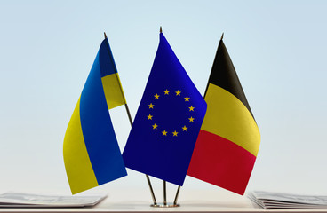 Flags of Ukraine European Union and Belgium