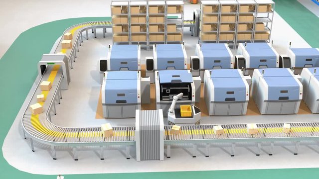 AGV (Automatic guided vehicle) picking parts from metal 3D printer. Smart factory concept  3D rendering animation.