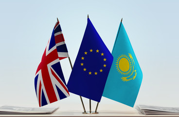 Flags of United Kingdom European Union and Kazakhstan