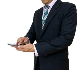 Businessmen hold a smartphone with digital pattern to view social data technology white background