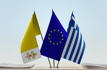 Flags of Vatican City European Union and Greece