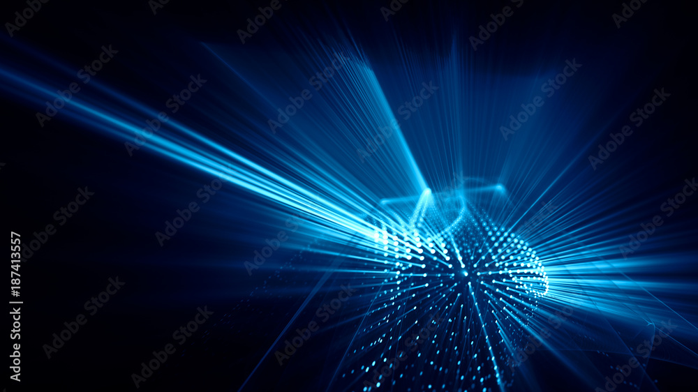Aufkleber Abstract blue and black background. Fractal graphics series. Dynamic composition of dots, traces and beams.