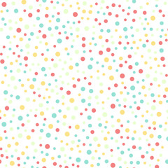 Colorful polka dots seamless pattern on black 16 background. Exceptional classic colorful polka dots textile pattern. Seamless scattered confetti fall chaotic decor. Abstract vector illustration.