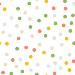 Colorful polka dots seamless pattern on white 5 background. Breathtaking classic colorful polka dots textile pattern. Seamless scattered confetti fall chaotic decor. Abstract vector illustration.