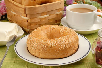 Bagel with cream cheese and coffee      