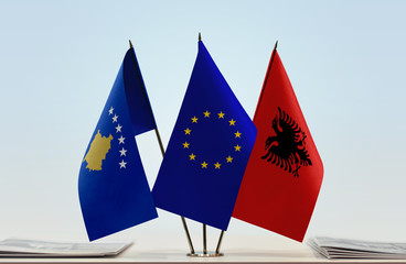 Flags of Kosovo European Union and Albania