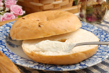 Cream cheese smeared on bagel         