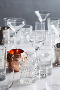Variety of empty glasses for different drinks.