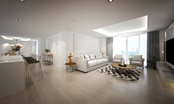 The luxury living room interior design and white pattern wall background and Lcd tv and pantry dining area