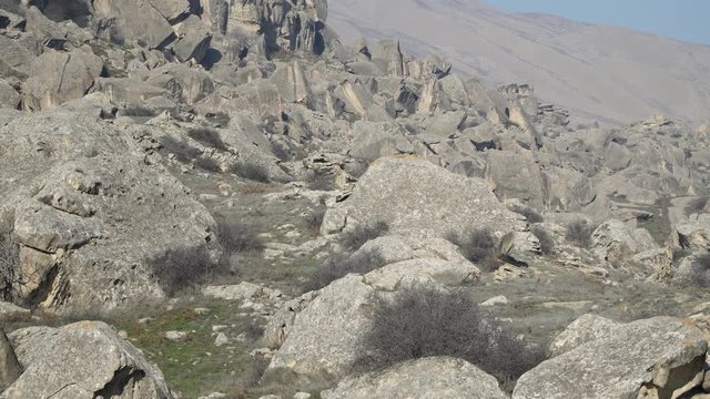 Gobustan is the national reserve of Azerbaijan. Petroglyphs of the ancient inhabitants of the planet. Ancient rock carvings, wild mountain landscapes, mountains and tourists.