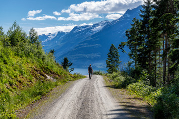 Fototapeta na wymiar Man walking down a path in Hardanger, Norway