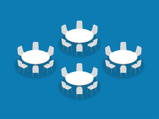 Meeting room setup layout configuration Banquet Rounds isometric style illustration, perspective 3d with shadow on blue color background