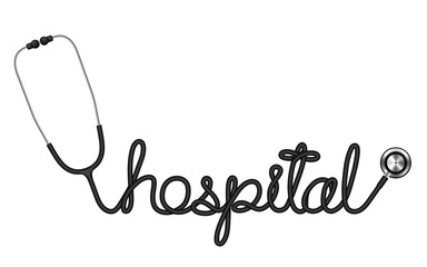 Stethoscope black color and hospital text made from cable isolated on white background, with copy space