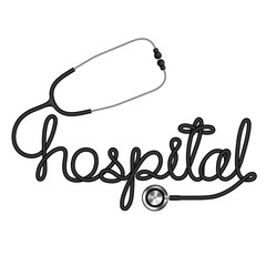 Stethoscope black color and hospital text made from cable isolated on white background, with copy space