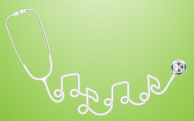 Stethoscope white color and music note sign symbol made from cable isolated on green gradient background, with copy space