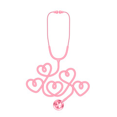 Stethoscope pink color and heart sign symbol made from cable isolated on white background, with copy space