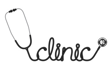 Stethoscope black color and clinic text made from cable isolated on white background, with copy space