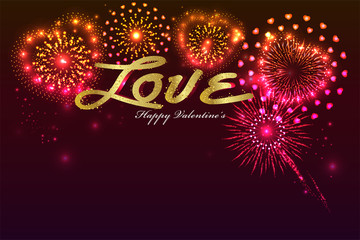Happy Valentines card, fireworks and golden love text with space for text. illustration vector.