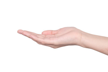 Hands of a caucasian female to shelter or catch small object, isolated on white