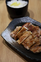 japanese food , Chicken teriyoki with rice on wood background