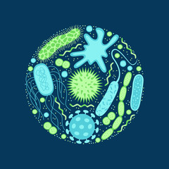 Viruses and bacteria icons set  isolated on blue  background.