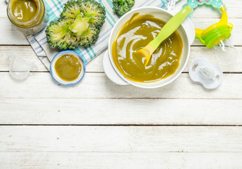 Baby food. Baby puree from broccoli.