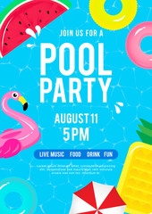 Pool party invitation vector illustration. Top view of swimming pool with pool floats.