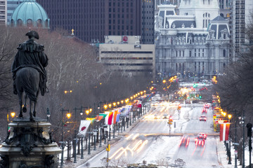 Philadelphia City Hall and Benjamin Franklin Parkway from Art Museum in Winter