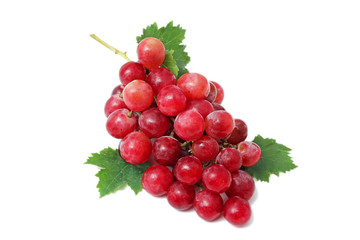 Ripe red grape. Pink bunch with leaves isolated on white. 
