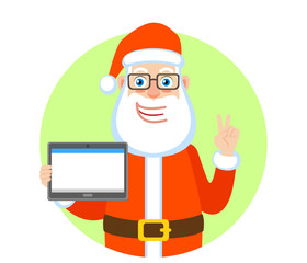 Victory! Santa Claus holding tablet PC and showing victory hand sign or quotes hand sign. Two fingers up.