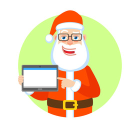 Santa Claus pointing his finger at tablet PC