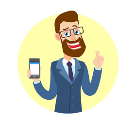 Hipster Businessman with crossed fingers holding mobile phone