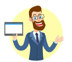 Hipster Businessman holding tablet PC and gesticulating