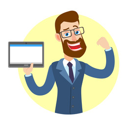 Hipster Businessman holding tablet PC and showing biceps