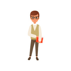 Cartoon character of smart teen boy in glasses holding book in hand. Kid with brown hair in shirt, vest and trousers. Child with smiling face expression. Flat vector