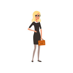 Cartoon blond business woman with brown briefcase. Young girl character in glasses and elegant black dress. Office worker. Full-length portrait. Flat vector design