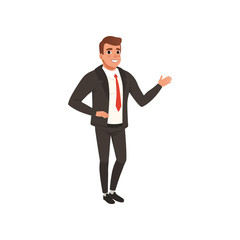Young self-confident business man standing and waving hand. Cartoon male character in classic black suit with red tie. Successful office manager. Flat vector design