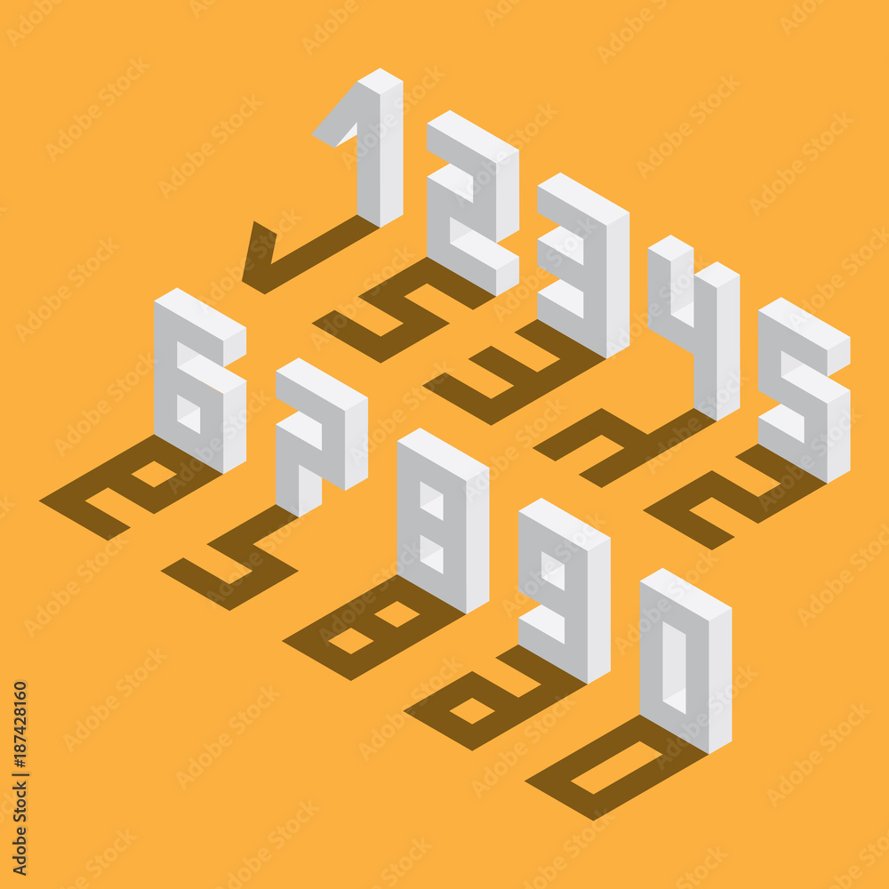 Fototapete numbers sequence from 1 to 9 and 0, drawn in isometric style, based on blocks. drop shadow on yellow