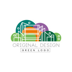 Fototapeta na wymiar Original city logo design with high-rise buildings in linear style. Colorful nature background. Entertainment center. Isolated flat vector label for business company